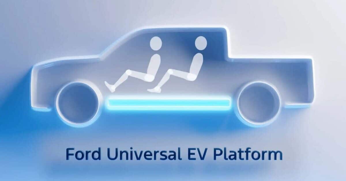 Ilustração da Ford Universal Platform, com uma picape com dois bonecos