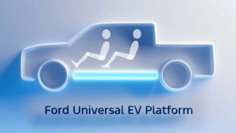 Ilustração da Ford Universal Platform, com uma picape com dois bonecos