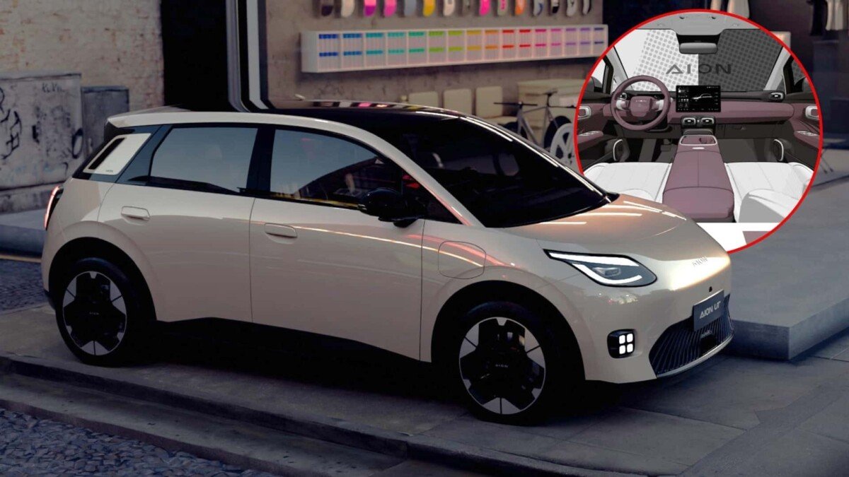 Gac Aion UT - lateral do carro, foco nas rodas dianteiras e traseiras. Também há uma ilustração do interior do veículo com foco no volante, painel e bancos da frente