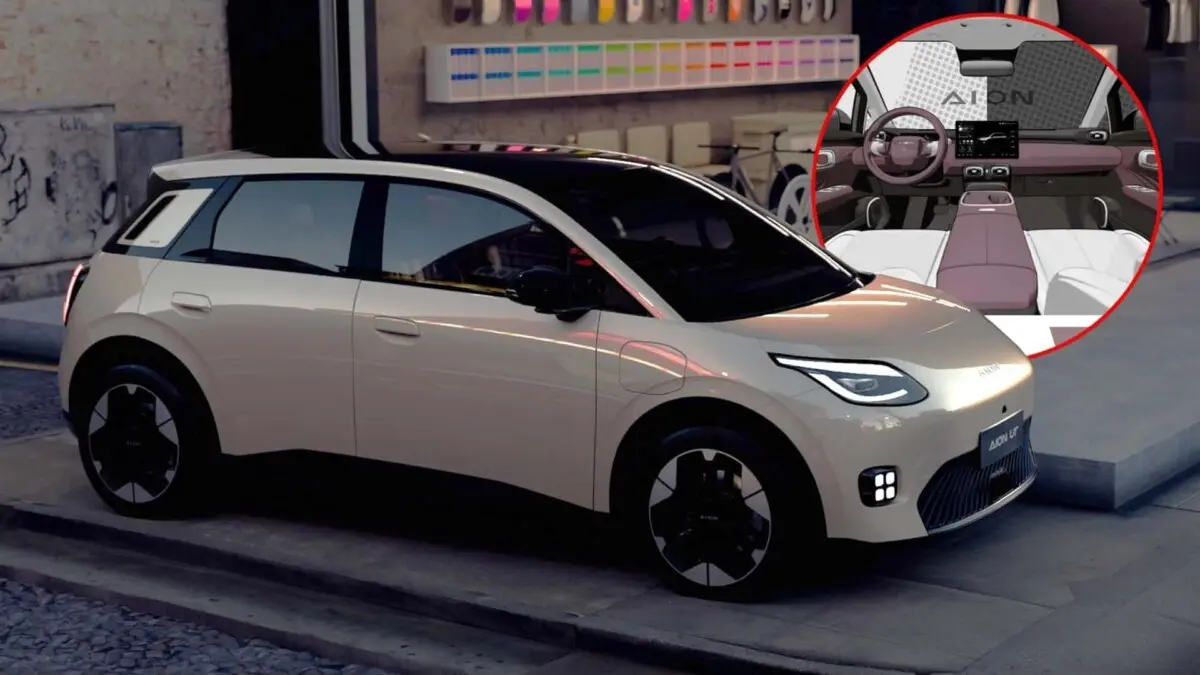 Gac Aion UT - lateral do carro, foco nas rodas dianteiras e traseiras. Também há uma ilustração do interior do veículo com foco no volante, painel e bancos da frente