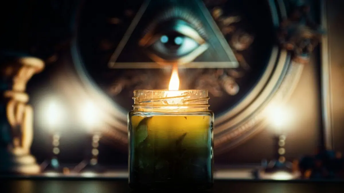 Imagem mística com vela e olho no triângulo, representando uma seita