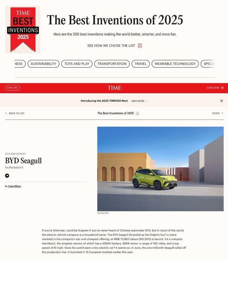 O BYD Dolphin Mini foi escolhido na categoria “Transporte” da Time 's Best Inventions 2025