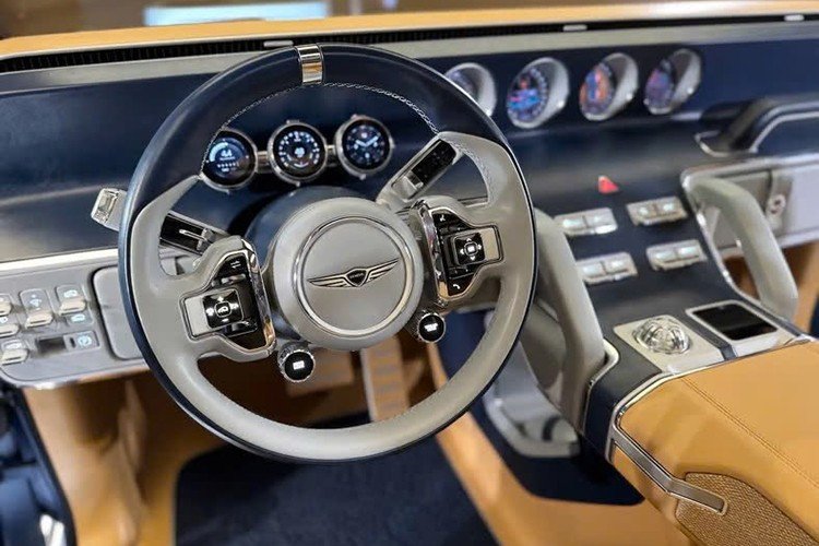 Genesis SUV off-road interior do veículo. Foco no volante e painel tecnológico