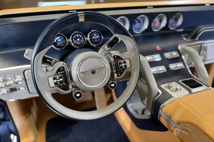 Genesis SUV off-road interior do veículo. Foco no volante e painel tecnológico