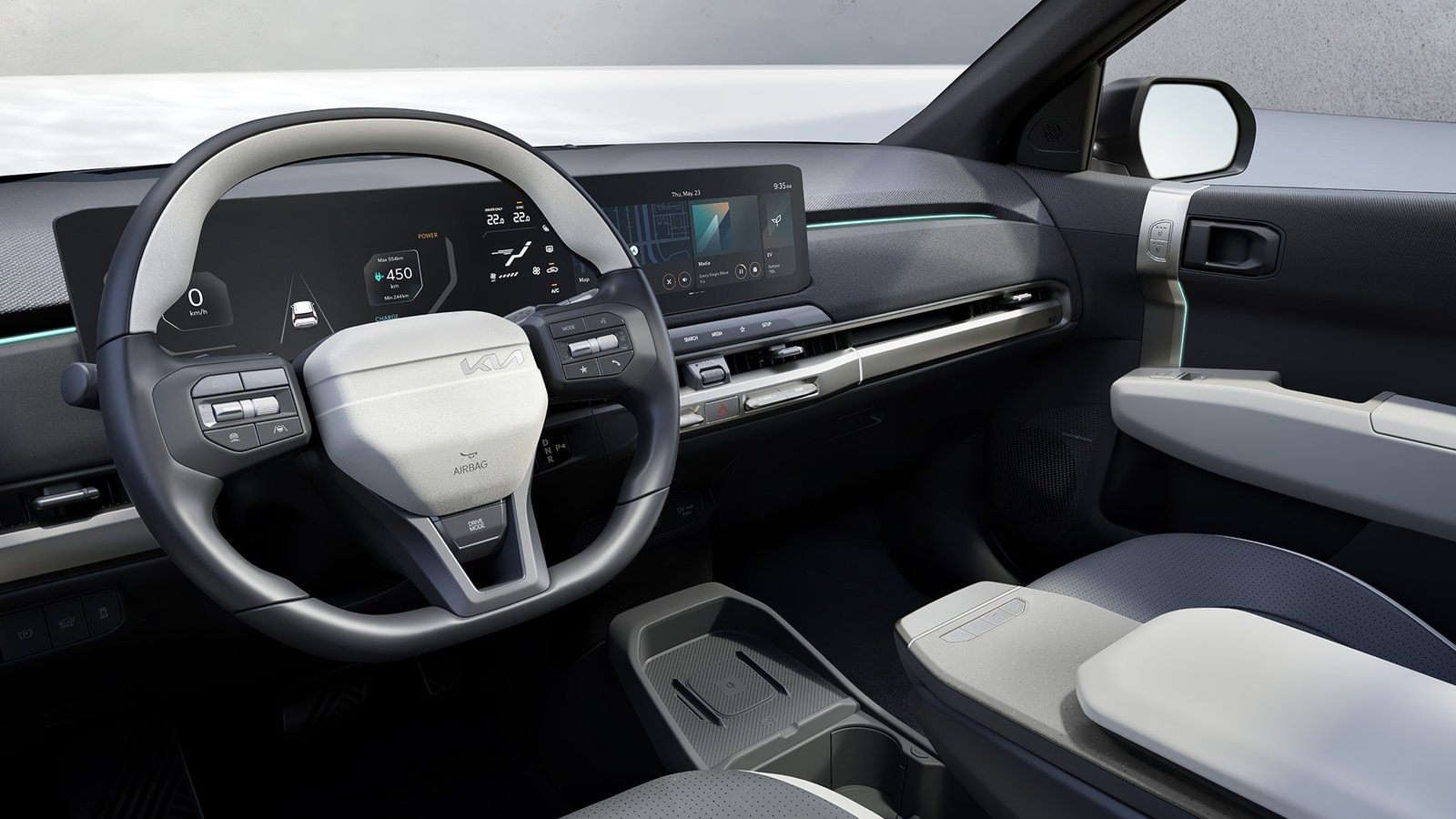 Foto promocional do carro elétrico Kia EV3, painel