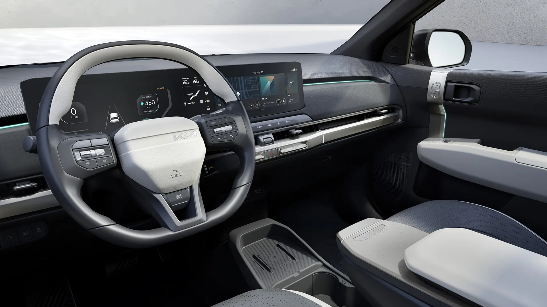 Foto promocional do carro elétrico Kia EV3, painel