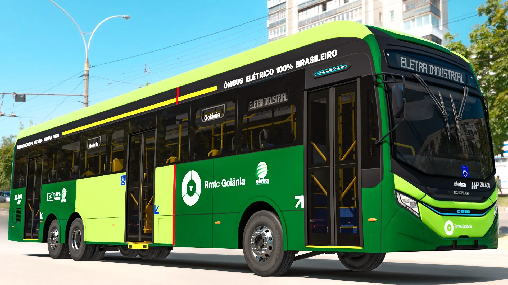 Ônibus elétrico nacional da Eletra circulando em Goiânia