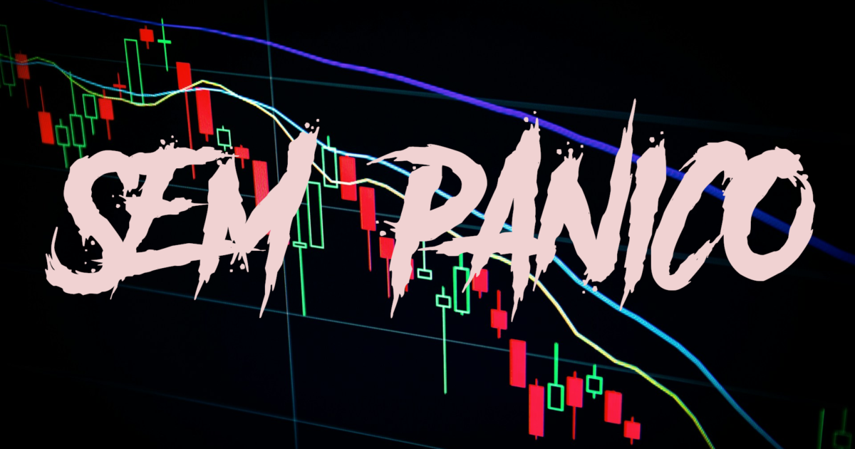 Gráfico de ações caindo, com o texto Sem Panico em uma fonte assustadora, em cor de rosa