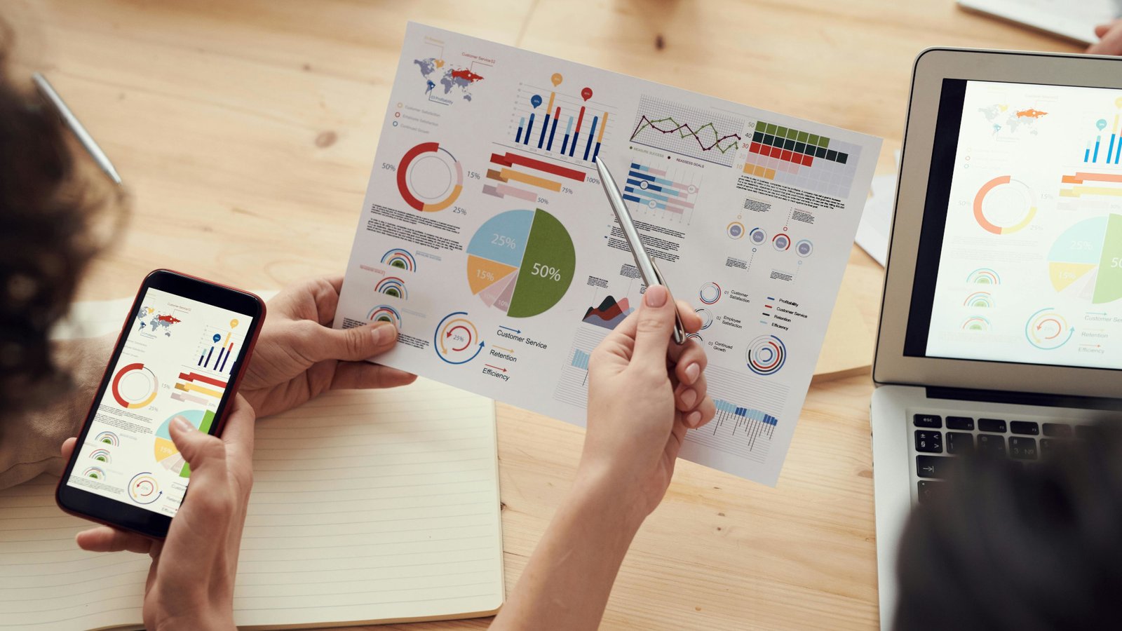 Imagem ilustrando gráficos impressos e no celular, indicando pesquisa