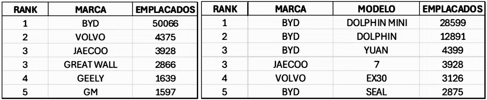 Tabela com vendas de elétricos puros (BEV) até novembro de 2025, pela Bright Consulting