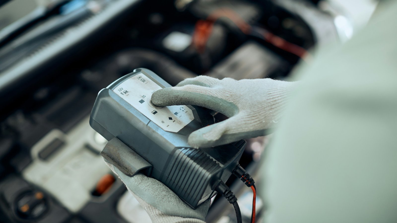 Engenheiro testando a saúde da bateria de um carro