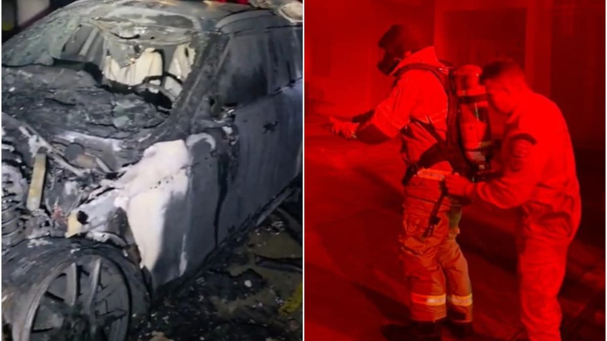 Foto do combate ao incêndio de carros em garagem em Teresina