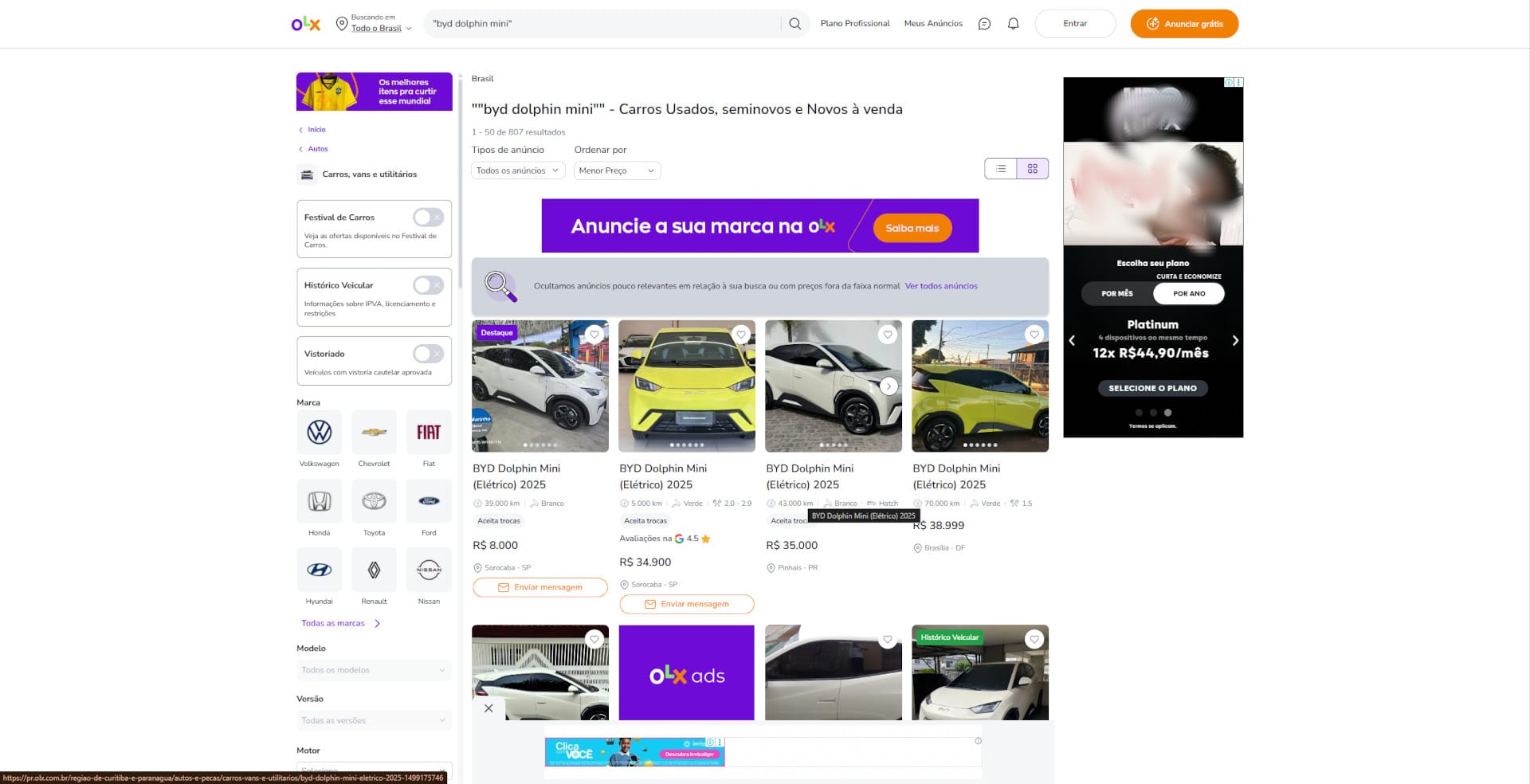 Captura de tela de busca na OLX por Dolphin Mini em 14/04/2025