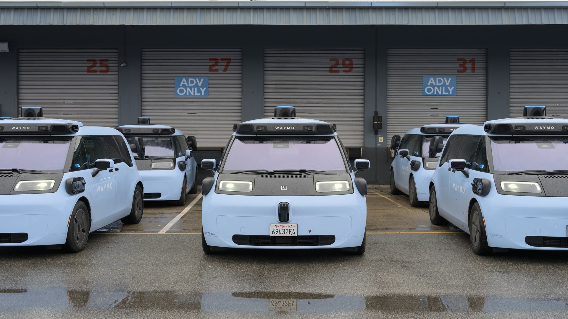 Frota de robotáxi Ojai da Waymo, desenvolvido em parceria com a chinesa Zeekr, estacionado ao lado de outras unidades