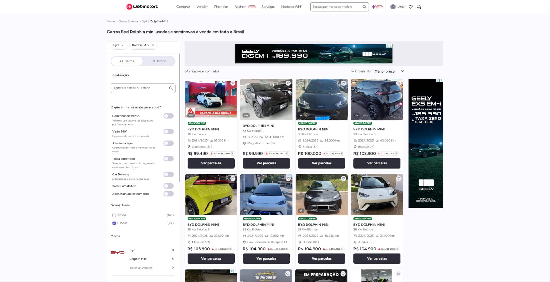 Captura de tela de busca na Webmotors por Dolphin Mini em 14/04/2025