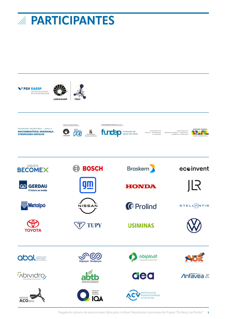 Participantes do estudo do Programa Mover: GM, Honda, Volkswagen, Nissan, Stellantis, Toyota e Anfavea, entre outras