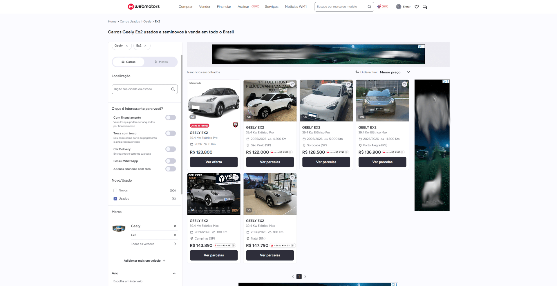 Captura de tela com busca pelo Geely EX2 na Webmotors em 14/05/2026