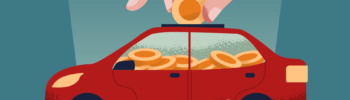 Ilustração de pessoa guardando dinheiro no cofrinho em formato de carro