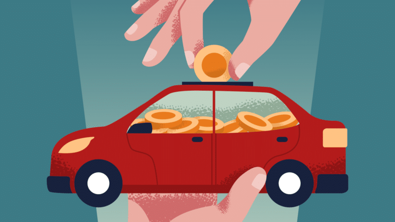 Ilustração de pessoa guardando dinheiro no cofrinho em formato de carro