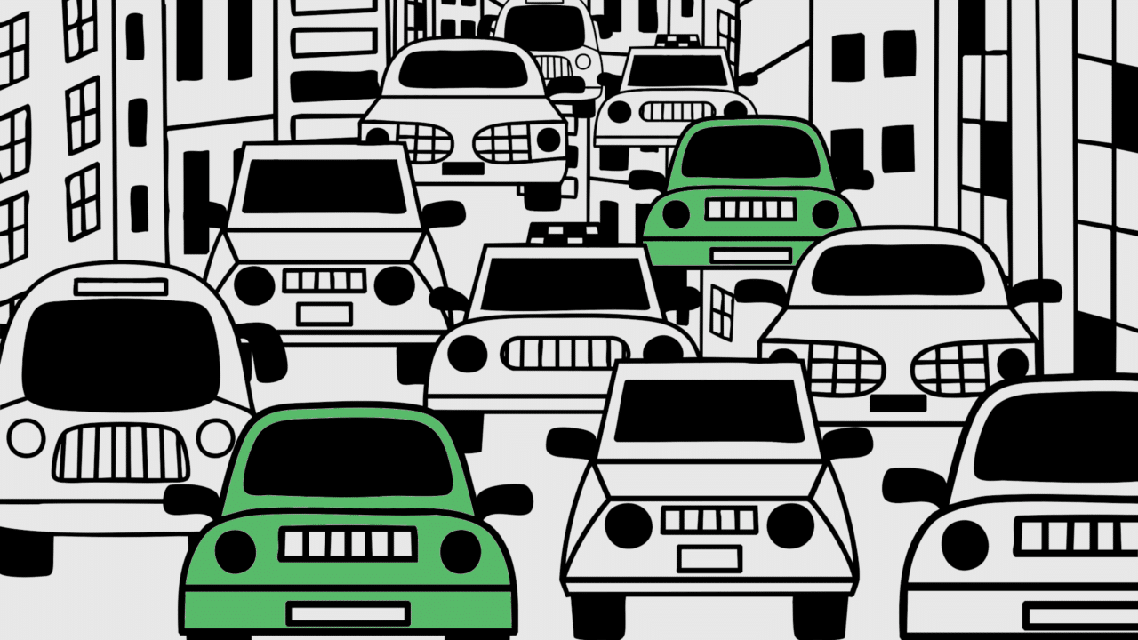Carros coloridos na cidade em ilustração