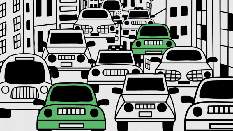 Carros coloridos na cidade em ilustração