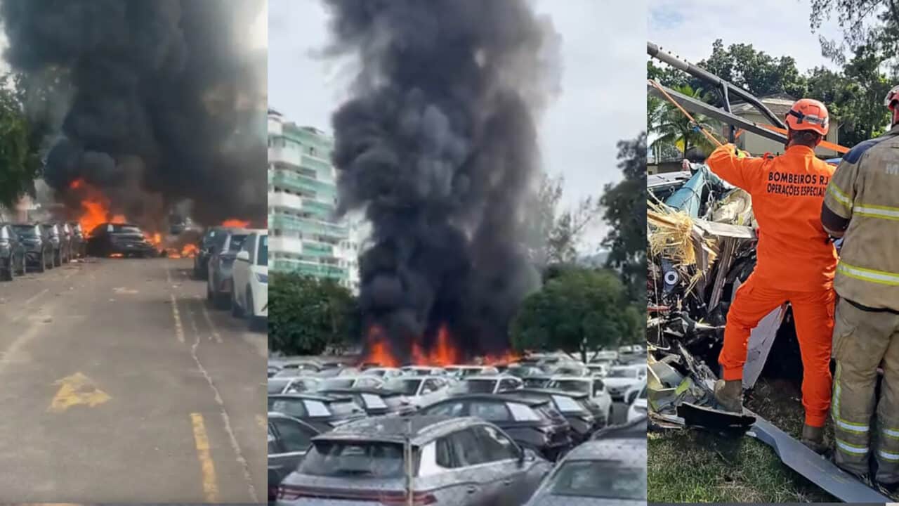 Colagem com imagens do incêndio dos carros elétricos no Rio de Janeiro, 14/06/2026