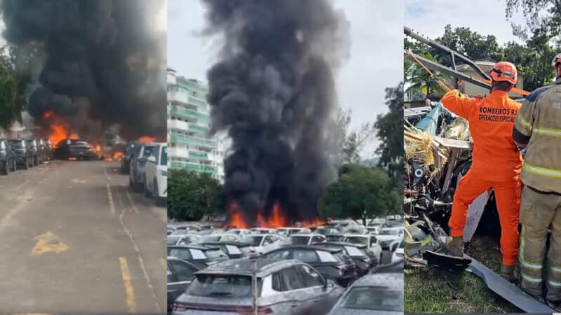 Colagem com imagens do incêndio dos carros elétricos no Rio de Janeiro, 14/06/2026