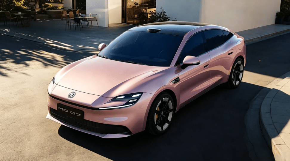 MG 07 elétrico na cor rosa metálica, com carroceria fastback, teto panorâmico e design esportivo