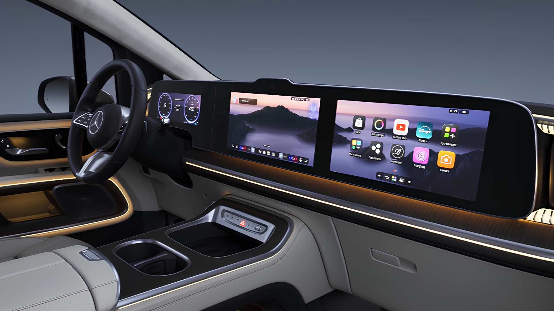 Cockpit do Mercedes-Benz VLE com painel digital panorâmico e três telas integradas