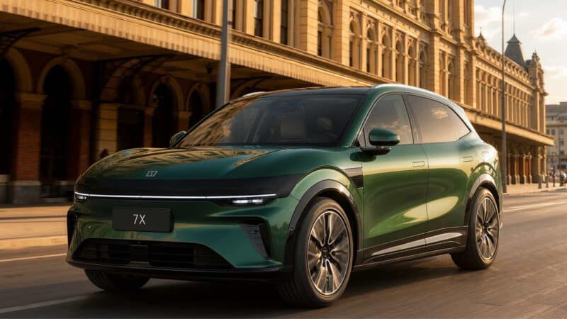 SUV elétrico Zeekr 7X na cor verde escuro metálico, em movimento por avenida em frente à Estação da Luz, em São Paulo, ao entardecer