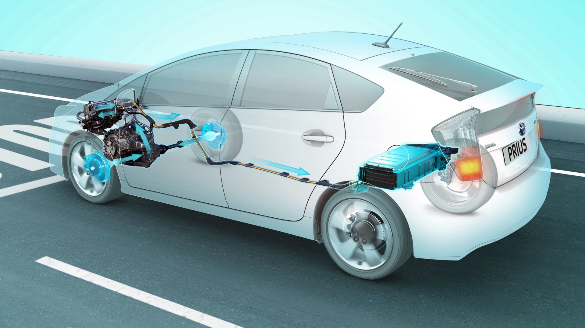 Imagem mostra funcionamento do freio regenerativo em um Toyota Prius translúcido Foto: Toyota|Divulgação