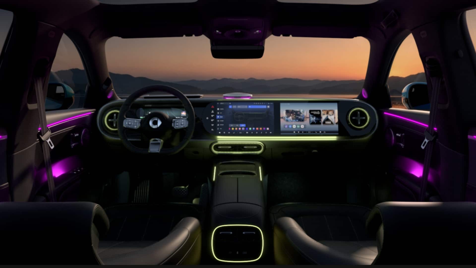 Painel do Smart #6 fotografado ao entardecer, com iluminação ambiente em verde-neon e roxo destacando o interior escuro. O conjunto de telas duplas ocupa toda a extensão do painel, exibindo mapas e interface multimídia