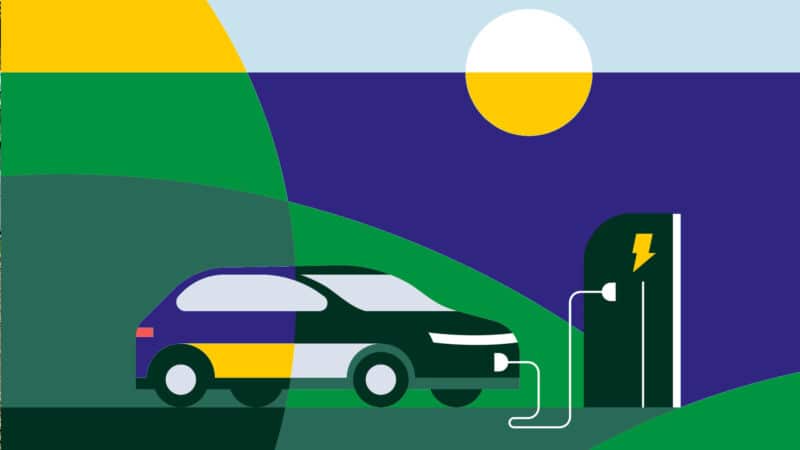 Ilustração artística de um carro elétrico com as cores do Brasil