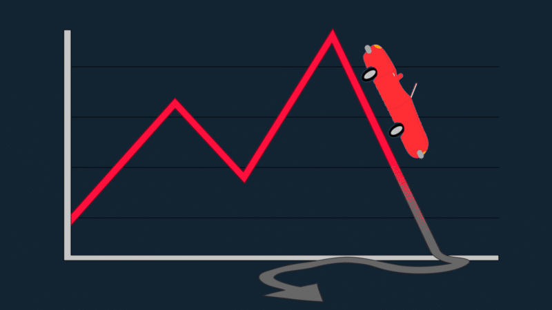 Ilustração de um carro descendo um gráfico como se fosse ladeira abaixo