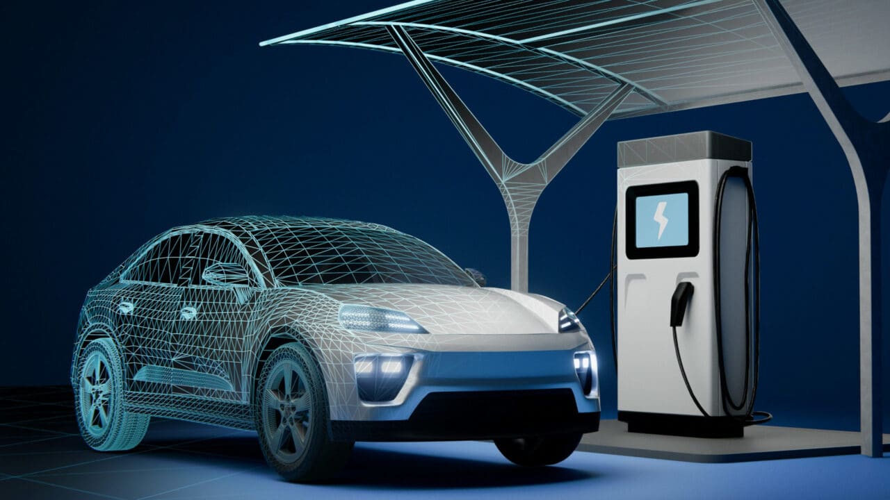 Ilustração de um carro elétrico futurista carregando