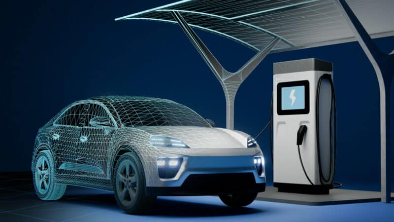 Ilustração de um carro elétrico futurista carregando
