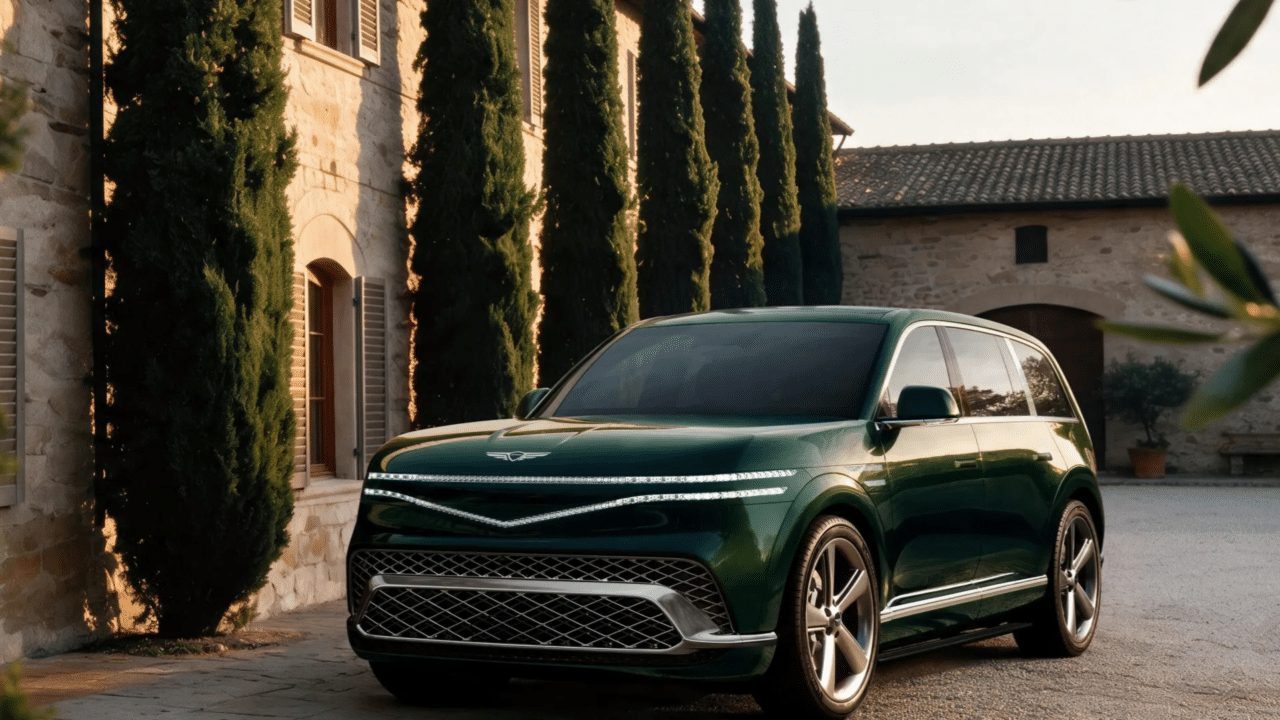 SUV elétrico Genesis GV90 na cor verde escuro estacionado em uma vila de pedra rústica ao lado de ciprestes. A dianteira possui a icônica grade crest em malha de diamante, faróis em LED de duas linhas (elemento de assinatura da marca) e rodas de liga leve. A luz do sol cria reflexos na pintura.