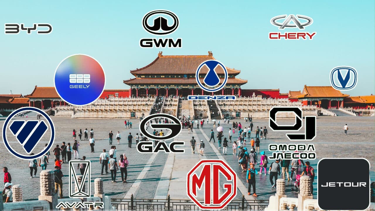 Composição com a Cidade Proibida e os logos das marcas chinesas de carros
