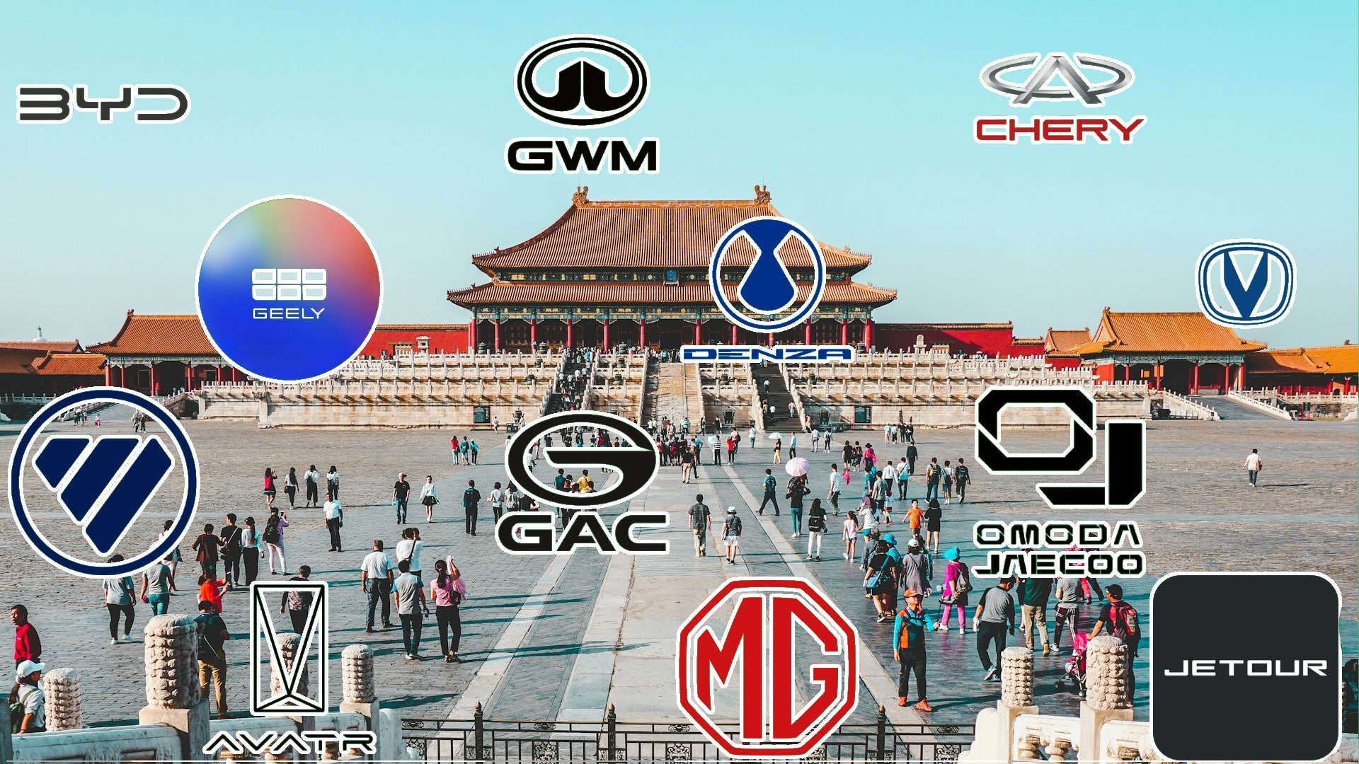 Composição com a Cidade Proibida e os logos das marcas chinesas de carros
