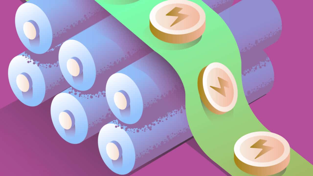 Ilustração com uma bateria elétrica recebendo uma fita por cima