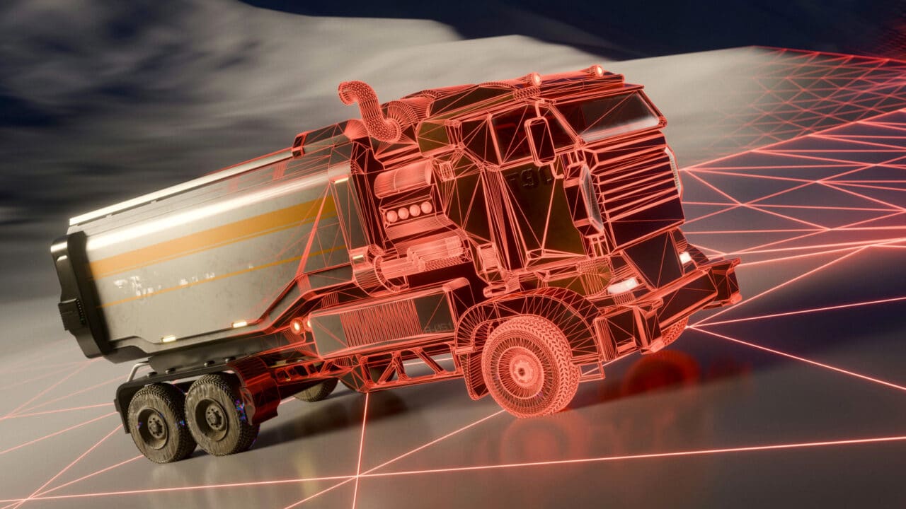 Ilustração com um caminhão futurista sendo renderizado