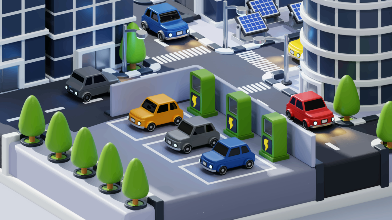 Ilustração com carros na cidade e vários carregadores elétricos