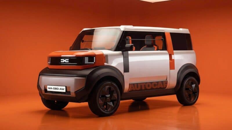 Renderização do Dacia Hipster, um pequeno carro urbano elétrico conceitual, exibido em um estúdio com fundo laranj