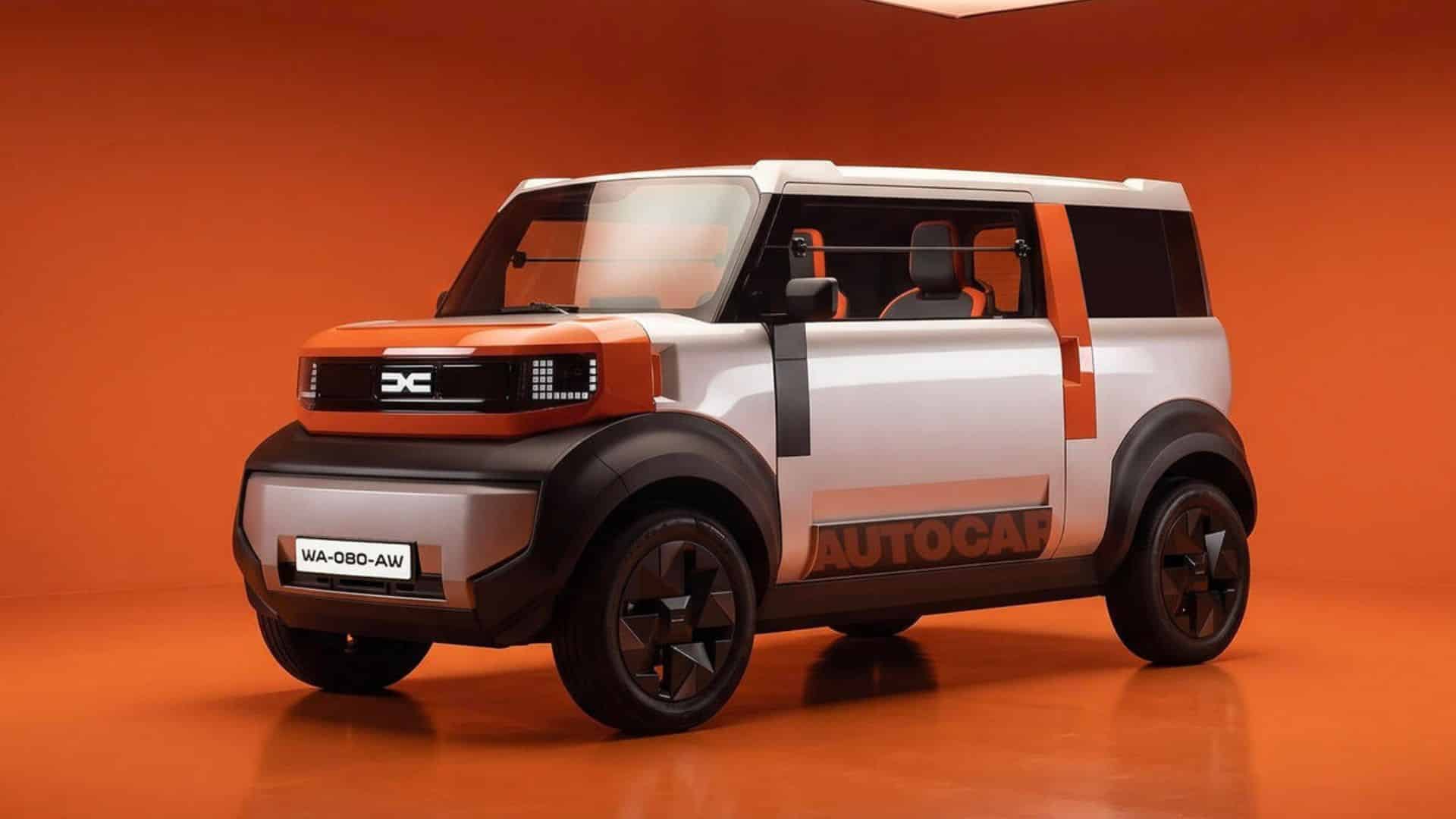 Renderização do Dacia Hipster, um pequeno carro urbano elétrico conceitual, exibido em um estúdio com fundo laranj