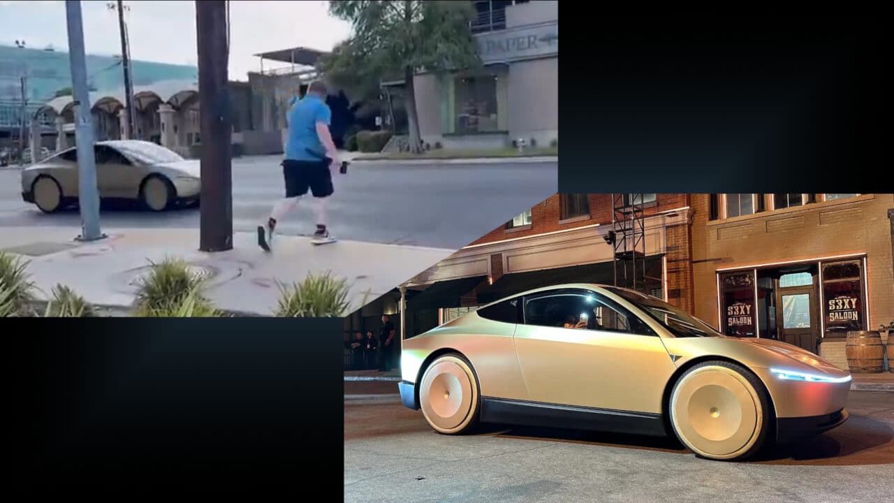 Composição com quadro de vídeo do X com homem saltando na frente do Cybercab e o Cybercab em foto promocional