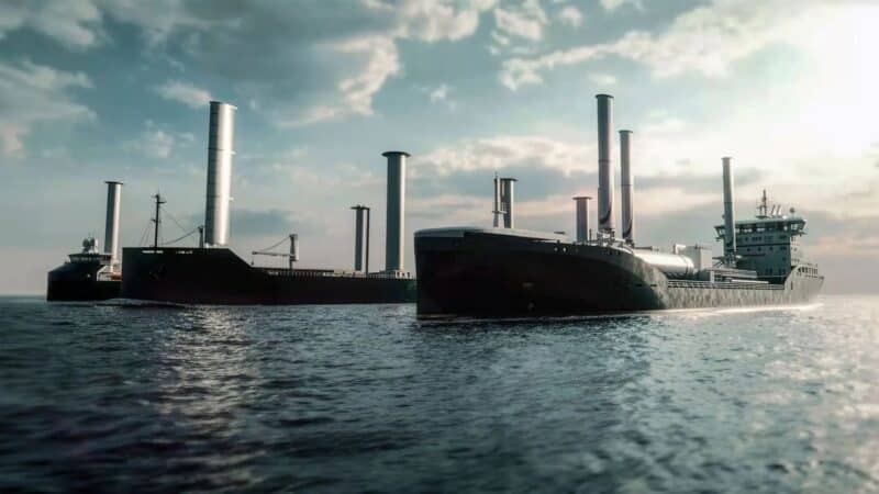 Navios cargueiros com velas de rotor (propulsão eólica) navegando em alto mar