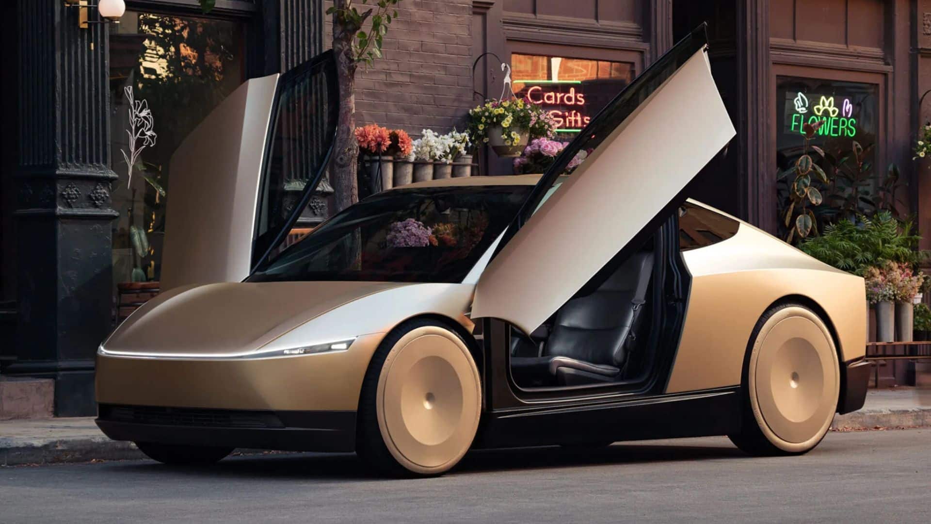Carro autônomo Tesla Cybercab dourado com portas abertas estacionado em uma rua movimentada em frente a uma floricultura