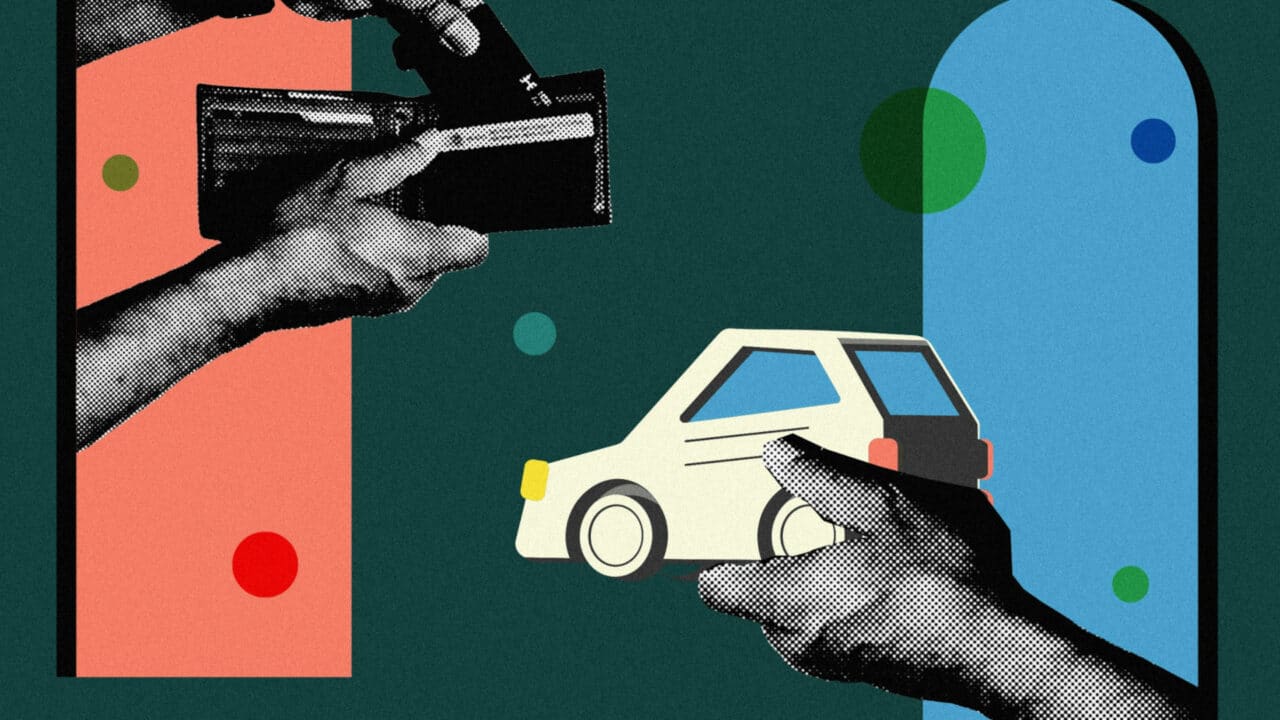 Ilustração mostrando um carro sendo vendido