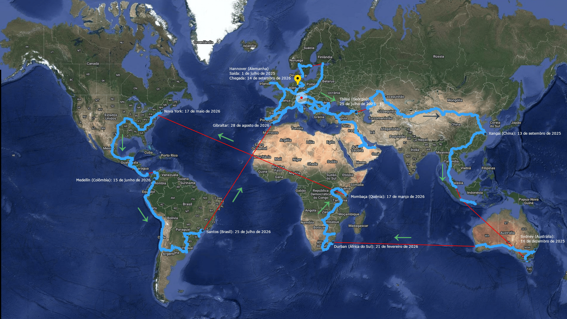 Mapa-múndi com o trajeto da viagem de Rainer Zietlow com sua ID.Buzz