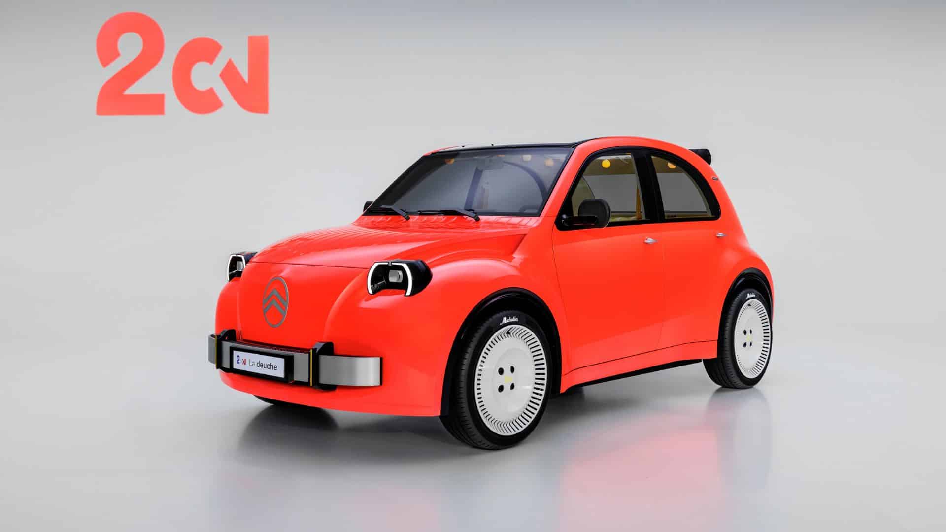 Citroën 2CV Concept elétrico na cor laranja vibrante, visto em ângulo frontal três-quartos. O veículo exibe faróis redondos com molduras pretas, o logotipo da Citroën na grade frontal e rodas de aço brancas com pneus Michelin. Ao fundo, o logotipo "2CV" em laranja